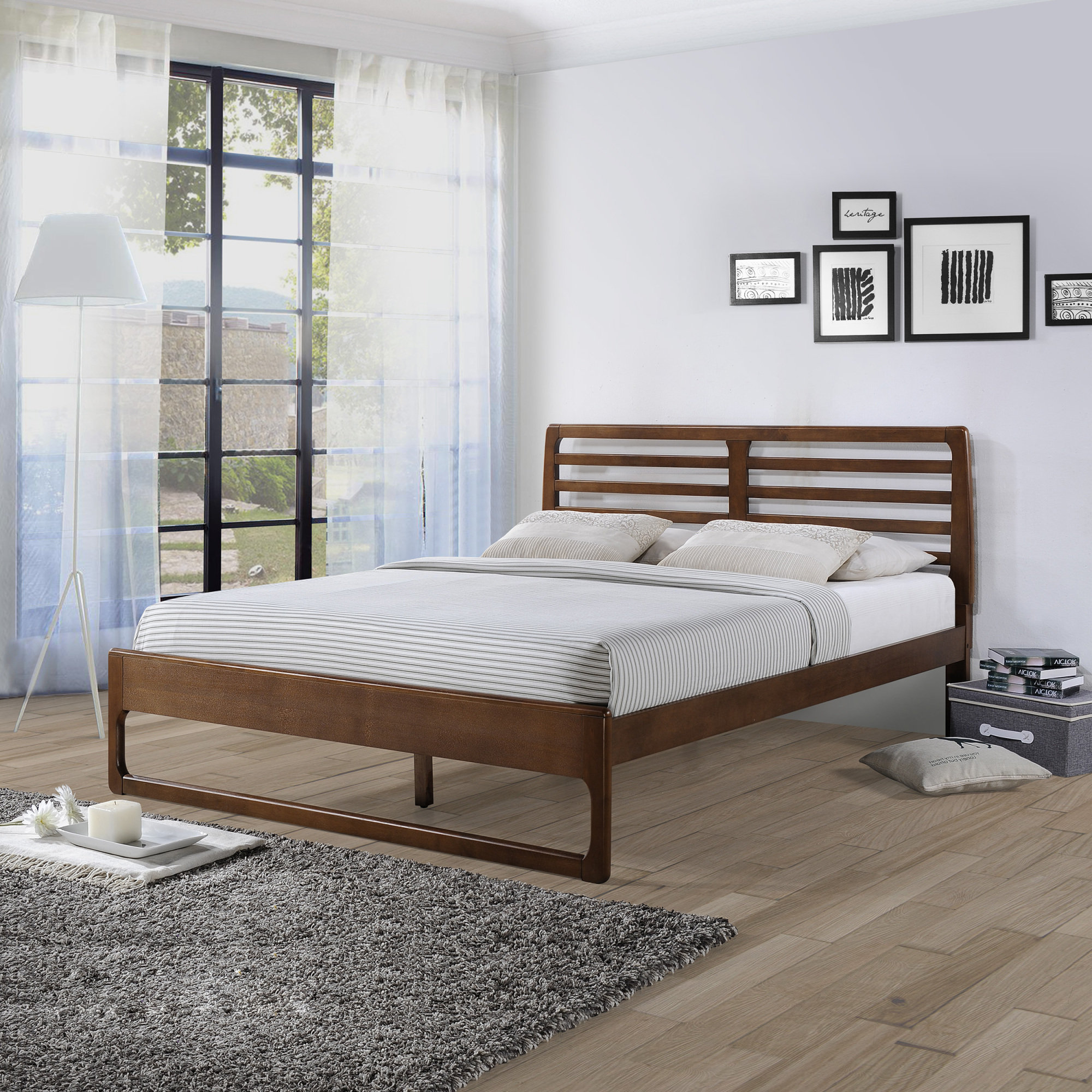 Loon Peak® Modern queen bed frame in walnut finish, complete set with ...